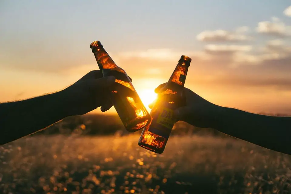 Two Men Toasting their respective Beverage Drinks on a sunset field to represent the Long History of Beer