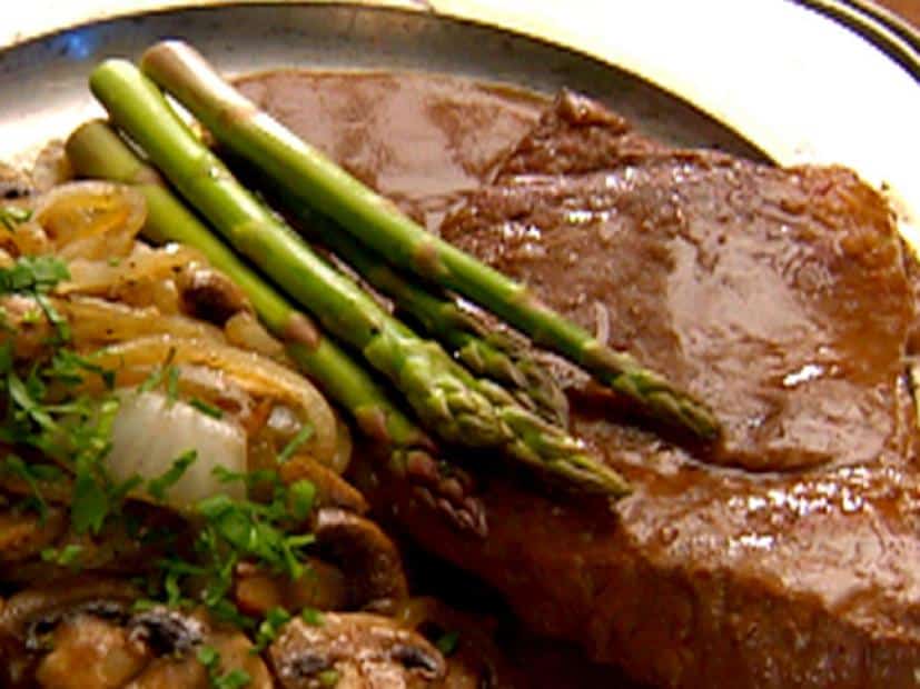 Rump Steaks Braised with onion and mushrooms